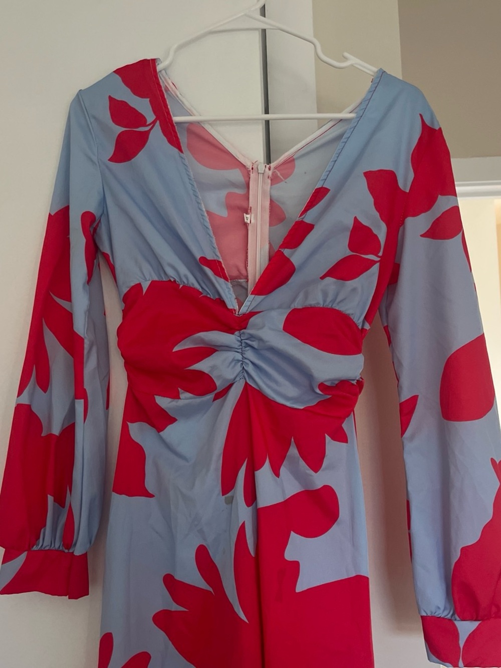 Blue & Red Floral V-Neck Long Sleeve Dress